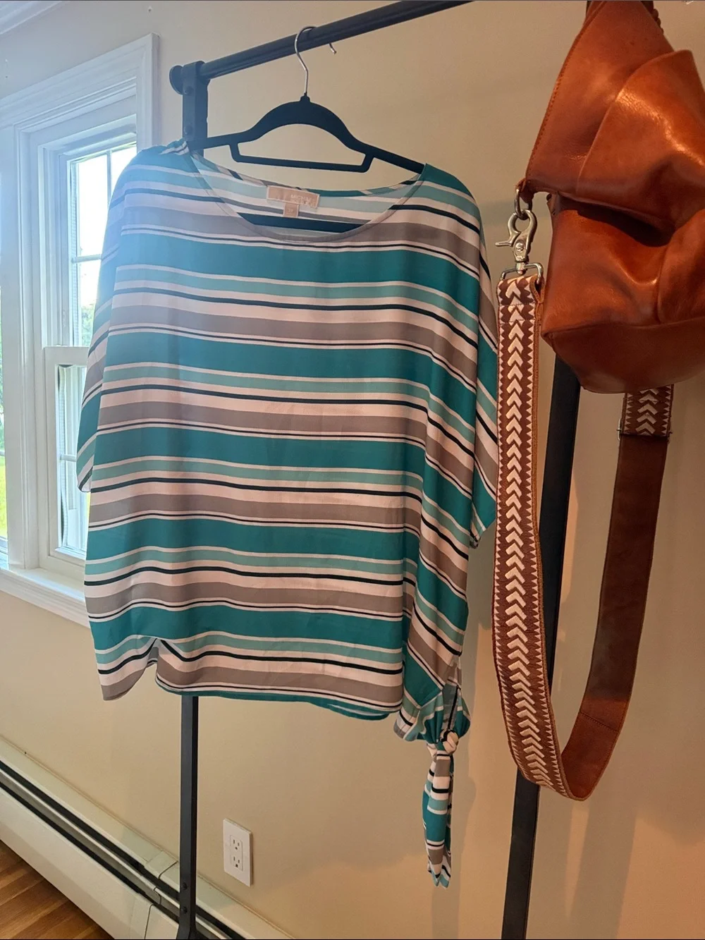 Michael Kors Teal, White & Gray Striped Side-Tie Blouse